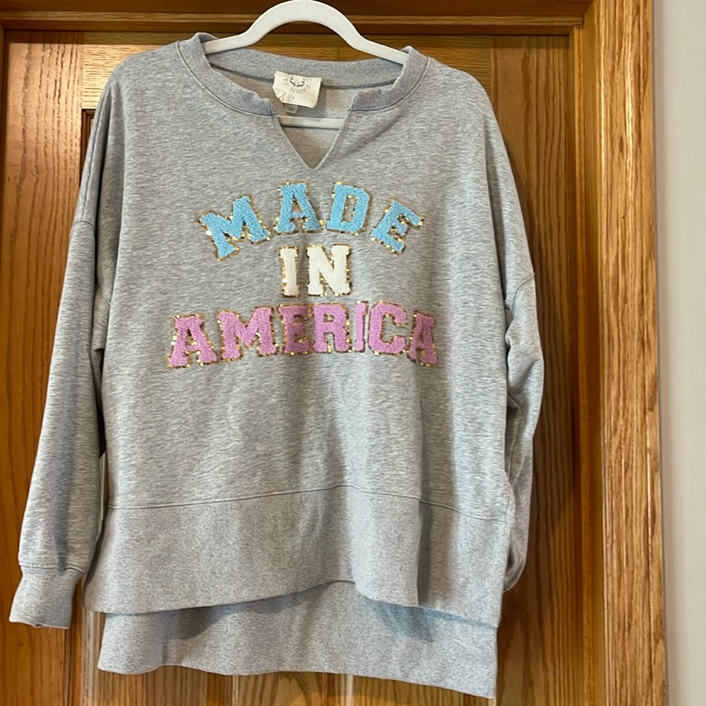 Fantastic Fawn Made in America Gray Sequin Embellished High Low Sweatshirt Small
